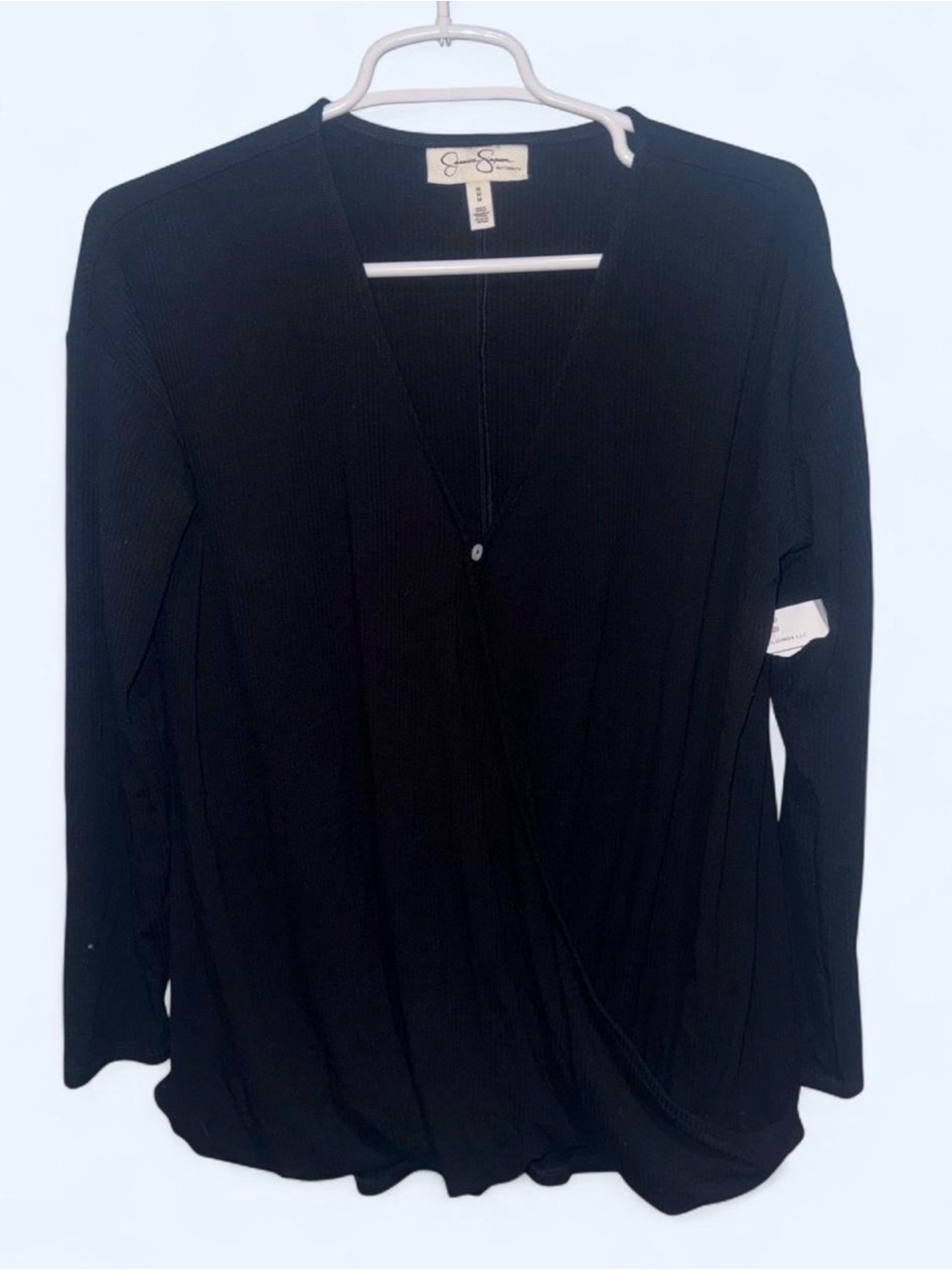 Jessica Simpson Black Ribbed Faux-Wrap Long Sleeve Top